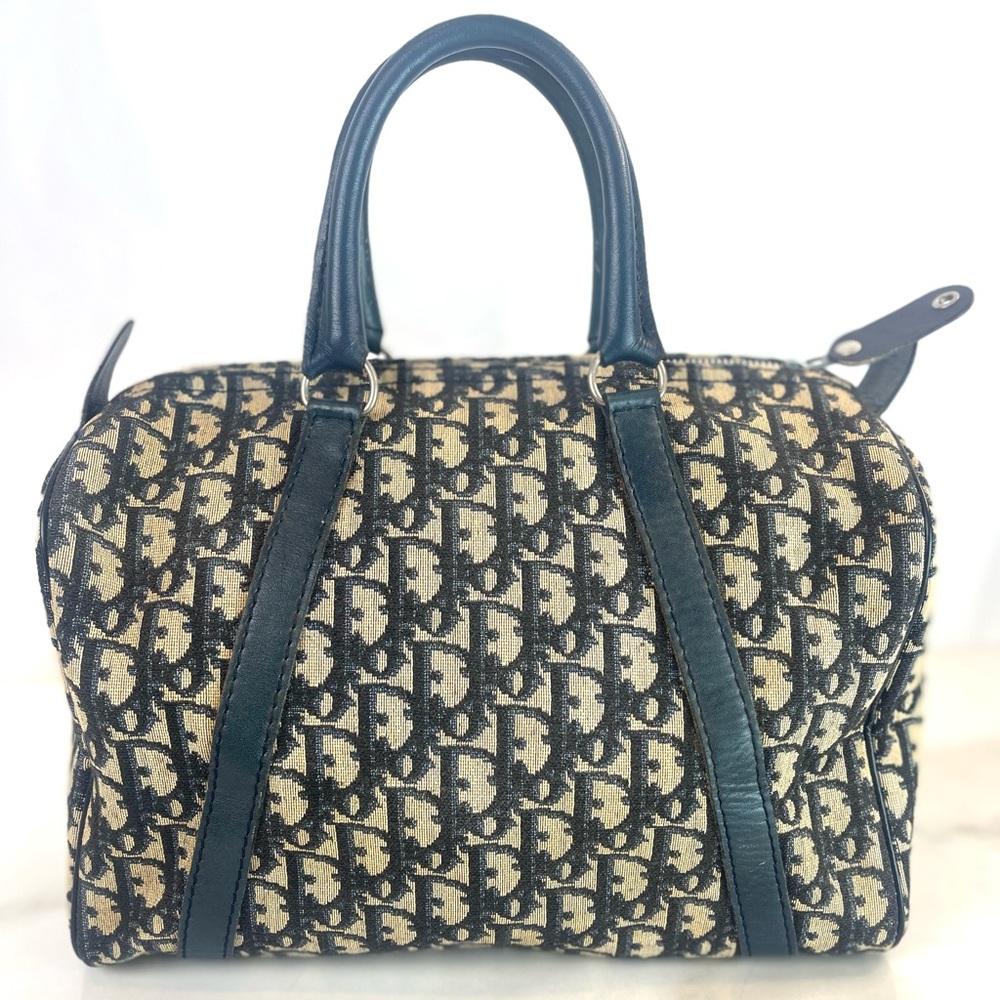 CHRISTIAN DIOR Vintage Medium Boston Bag Navy Blue Canvas
